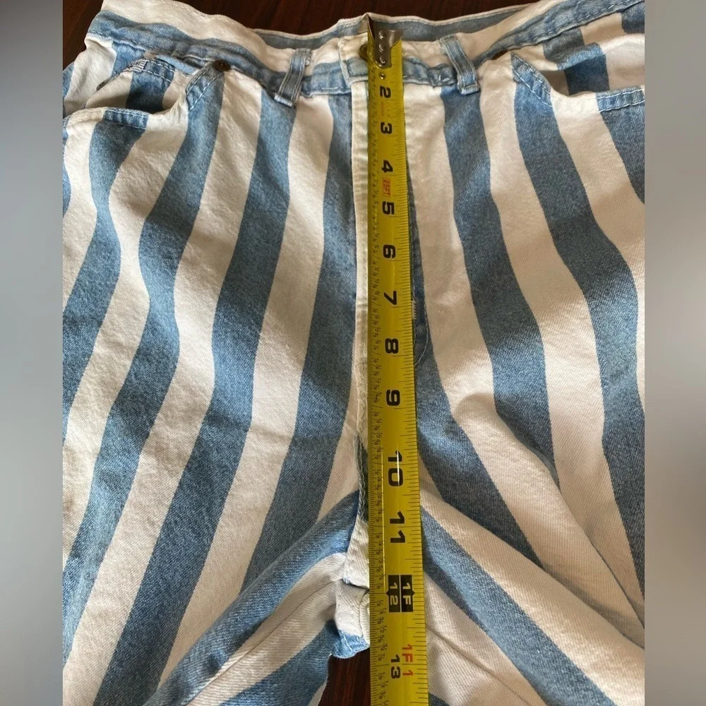 Vintage Chic High Waisted Mom Shorts, 1990s Striped Denim Shorts, Modest Shorts